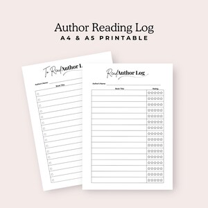 Könnte beinhalten: Zwei weiße, bedruckbare Leseprotokolle mit dem Text "Author Reading Log" und "A4 & A5 PRINTABLE". Ein Protokoll ist mit "To Read" und das andere mit "Read Author Log" beschriftet. Jedes Protokoll hat Felder für Autorenname, Buchtitel und Bewertung.