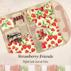 Strawberry Junk Journal Folio Kit, Fruit Pattern, Vintage Ephemera, Scrap Paper, Red Pages, Grandma&#39;s Kitchen, Collage, Digital - SF0125