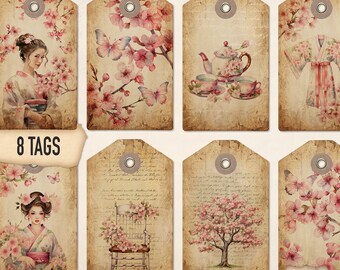 Junk Journal Ephemera, Tags, Japanese Sakura, Cherry Blossom, Pink, Vintage - JS0924