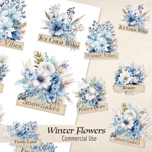Winter Flowers Fussy Cuts, Winter Words, Junk Journal Ephemera, Scrapbooking, Scrap Paper, Journal Words, Blue Florals, Vintage - WL0924
