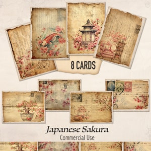Japanese Sakura, Cherry Blossom Print, Journal Cards, Scrapbooking Paper, Background, Vintage Postcard, Pink Flowers, Old Looking - JS0924