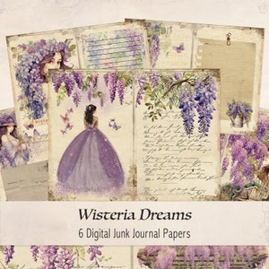 Wisteria Junk Journal Pages, Purple Papers, Lavender Girl, Scrapbooking Paper, Pastel Colours, Princess, Vintage, Lilac Flowers - WD0824