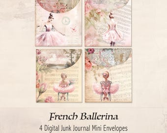 Junk Journal Mini Envelope, Ballerina, Girls, Pink Rose, Vintage - FB0125