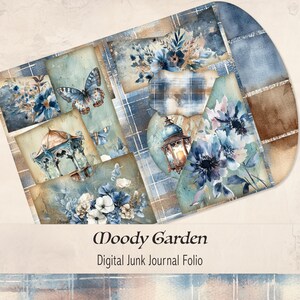 Kit de diario de jardinería, páginas botánicas, efímeras antiguas, papel de desecho, azul y tostado, cuadros vichy, mariposas, digital - MG0225