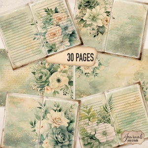 Green Papers, Blank Journal Papers, Lined Pages, Digital Collage, Scrapbook Background, Green Flowers, Vintage, Download, Shabby - GP0824
