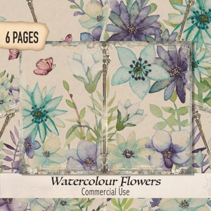 Vintage Aquarell Blumen Junk Journal Seiten, Türkis und Lila Blumenbilder, Rosa Schmetterlinge - WF0724