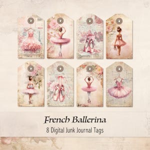 Etiquetas de diário de junco de bailarina, bailarinas, sapatos de dança, florais românticos, papel rosa, vintage, etiquetas de presente, download digital - FB0125