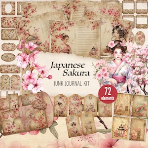 Japanese Sakura Kit, Cherry Blossom Print, Journal Paper, Scrapbook Background, Junk Journal Kit, Pink Flowers, Vintage, Butterfly - JS0924