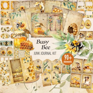 Honey Bee Junk Journal Kit, Busy Bee Paper, Sunflowers, Yellow Flowers, Vintage Bee, Digital Collage, Beekeeper, Ephemera, Cards - BB1024