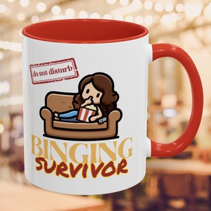 Binging Survivor Accent Coffee Mug, 11oz, Gift for Survivor TV Show Fans, Gift for Holidays, Gift for Friends and Family, Fun Present