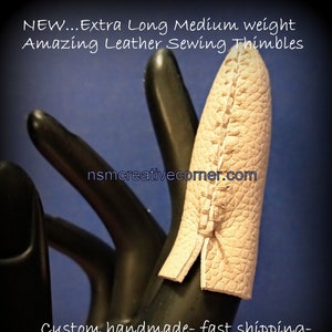 Extra-long Amazing Handmade Leather Thimble© (1 thimble) Medium weight. 2 3/8- 2 1/2 inch length. Best finger protection. Free Thimble Saver