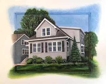 Colored Pencil House Portraits with hand colored matting- Custom original drawings of your home or real estate property. Ready to Frame.