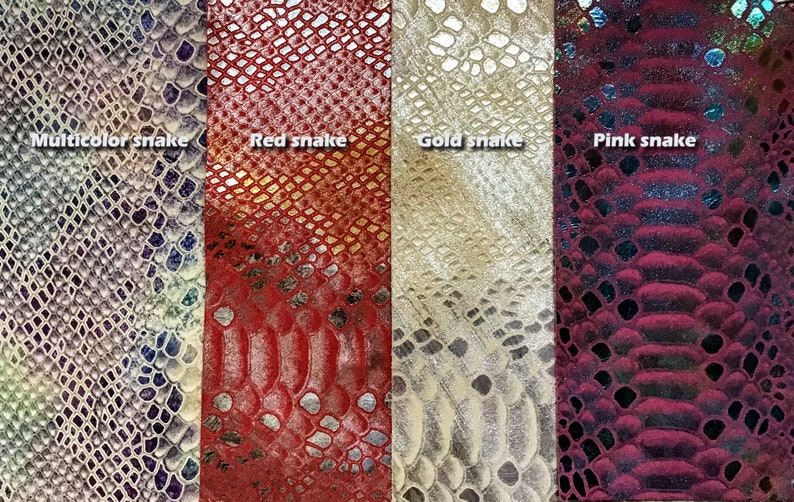 Puede incluir: Cuatro muestras de tela con un patr&oacute;n de piel de serpiente. Las muestras est&aacute;n etiquetadas como "Serpiente multicolor", "Serpiente roja", "Serpiente dorada" y "Serpiente rosa".