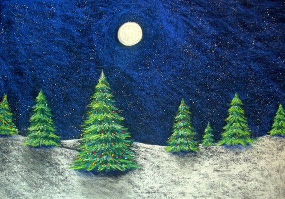 Christmas Trees in the Moonlight Instant Digital Download Print of original colored pencil drawing- Printable Holiday Wall Art various sizes