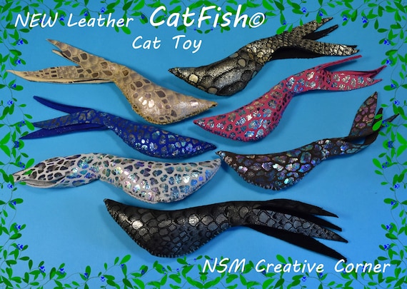 Amazing CatFish© Genuine Leather Cat Toy- Colorful leopard/snake patterns, catnip silvervine filled, handmade suede leather, fun new toy