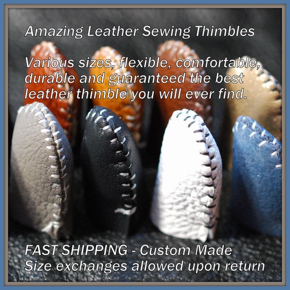 SHORT Amazing Handmade Leather Thimble© (1) Finger Protection for sewing, felting, needle art, crafts. Med/Light weight. Free Thimble Saver