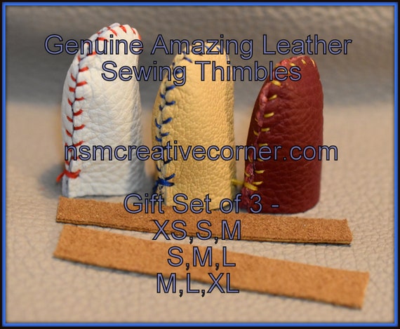 Amazing Leather Sewing Thimbles Gift Set- Thimble Savers Set of 3 - XS, S, M, L or XL med. weight leather (can request sizes and colors)
