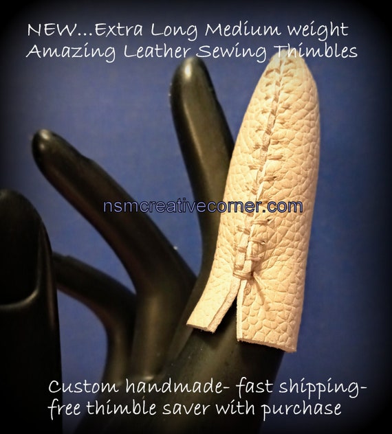 Extra-long set of 2 Amazing Handmade Leather Thimbles© (2 3/8-2 1/2" long) Medium weight. Free Thimble Saver. Best finger protection