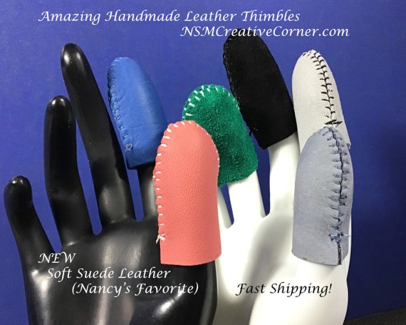 Amazing Handmade Soft Suede Leather Thimbles© (2) Medium weight for sewing, craft, needle art protection. Save on set. Free Thimble Savers