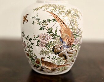 Hand-Painted Japanese Asahi Vase with Pheasants and Vibrant Floral Design, Vintage Collectible