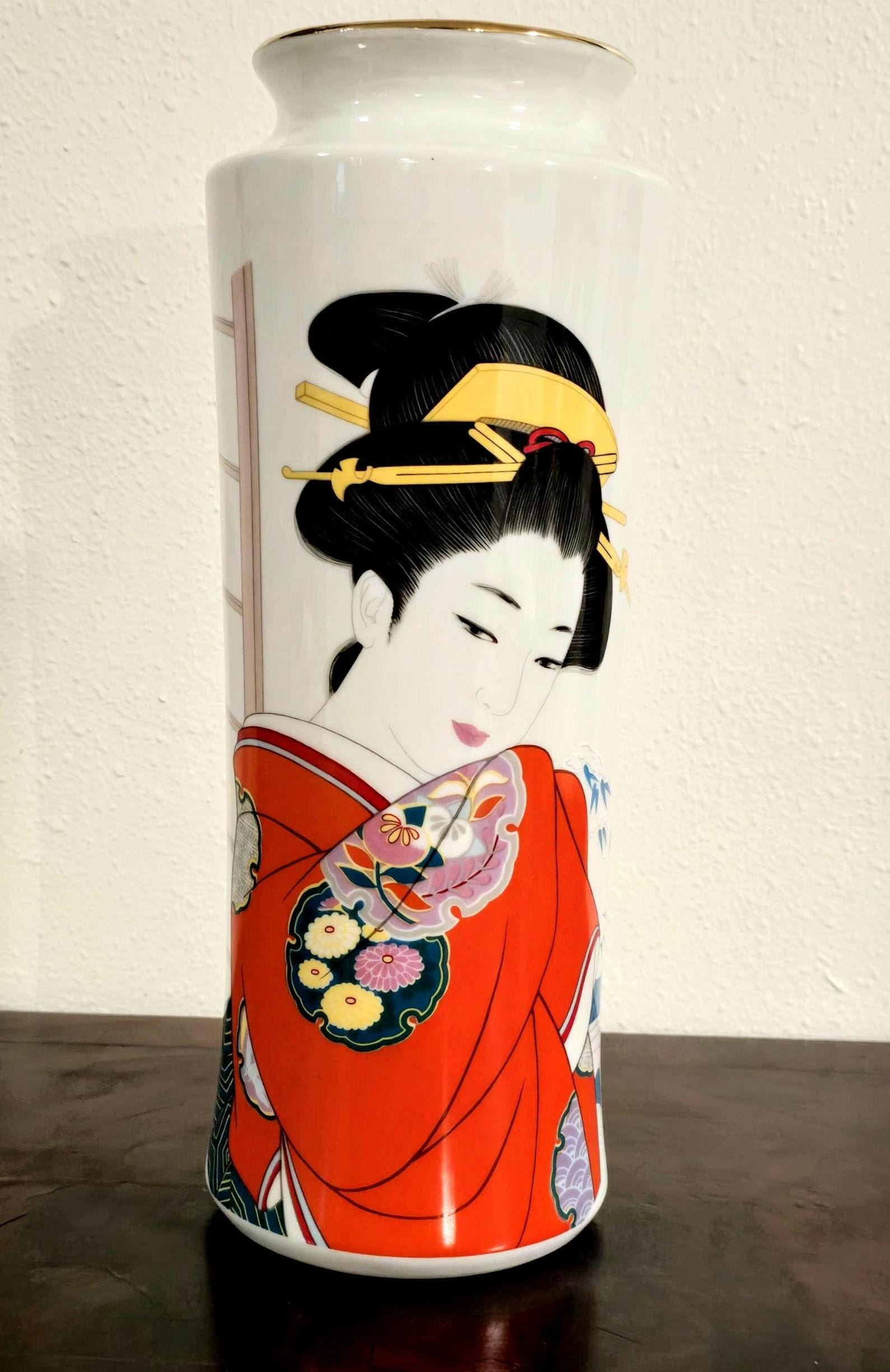 Exquisite Vintage Japanese Porcelain Vase | Hand-Painted Geisha Art with Traditional Kimono & Floral Motifs | Elegant Oriental Decor