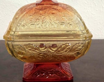 Vintage Indiana Glass Harvest Grape Amberina Covered Candy Dish  Square Footed Compote Mid-Century Glass