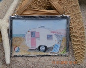 Vintage Camper watercolor ornament- christmas , coastal holiday, beach camper, glamping,soldered glass