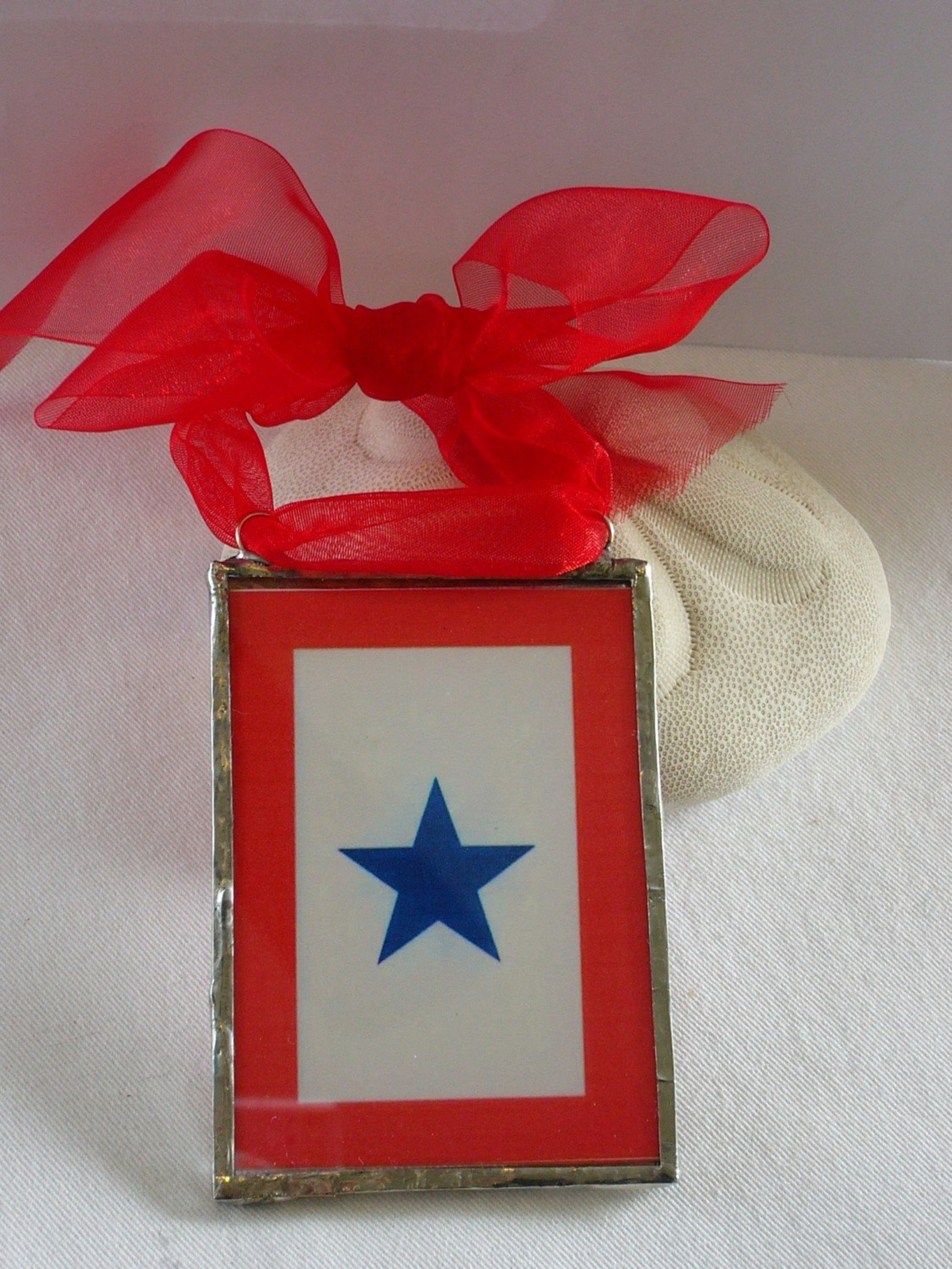 Blue Star Banner Ornament Glass Soldered Military Service Flag Ornament