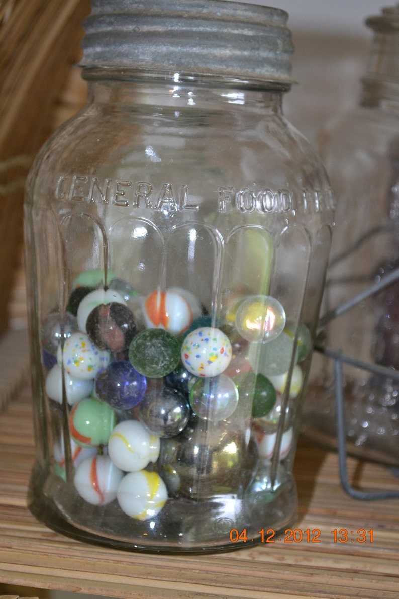 Jar With Marbles Watercolor , Still Life Painting Vintage Jar Marbles