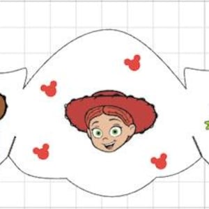 May include: A white fabric cutout featuring colorful cartoon character illustrations including a green dinosaur, a cowboy, a cowgirl, a green alien, a space ranger, and a pink pig. The design includes a footprint with the name ANDY, yellow stars, blue clouds, and small red mouse head icons.