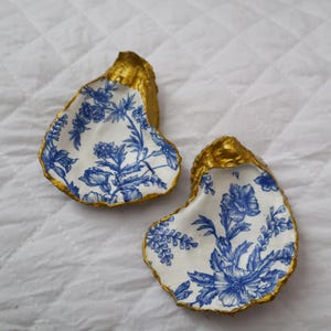 Blue Floral Oyster Shell Jewelry Dish