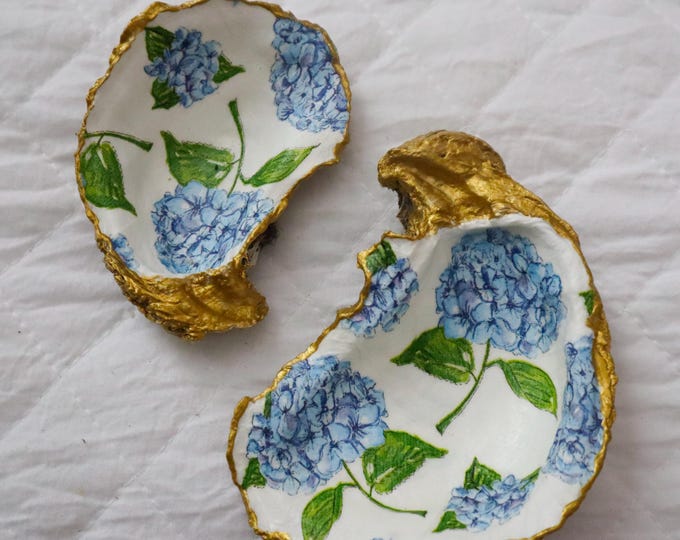 Blue Hydrangea Oyster Shell Jewelry Holder Dish