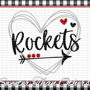May include: A graphic design featuring the word "Rockets" in a bold, black font, with an arrow pointing to the right. The design includes a heart shape and the text "Sweeter Than Others" on a white background with a red border, set against a black and white checkered pattern.