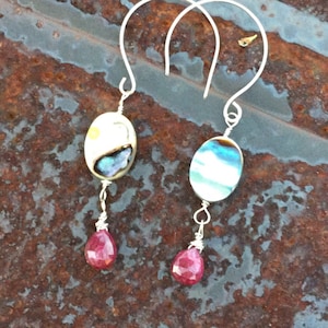 Ruby & Abalone Dangle Earrings: Sterling Silver, July Birthstone
