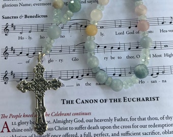 Morganite and Aquamarine with Sterling Silver Cross Anglican Rosary  Protestant Prayer Beads  Episcopal Rosary Something Blue Bride Gift