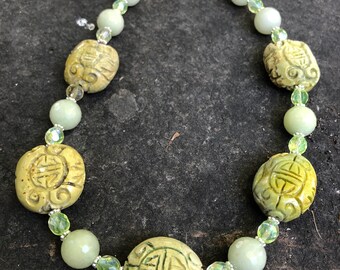 Carved Flower Turquoise and Jade Necklace  Boho Jewelry  Chinese Carved Turquoise Necklace