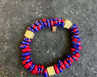 Red and Blue Ghana African Trade Bead and Gold Vermiel bead Stretch Bracelet   Boho Tribal Jewelry  Layering Bracelet Krobo  Ghana beads