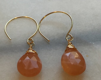 Peach Moonstone Teardrop Dangle Earrings     Glowing Moonstone Earrings  Peach gemstone earrings   MOther's day Gift   gift for her