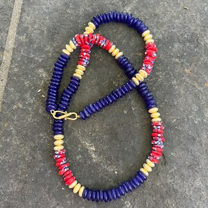 Cobalt Blue and Red African Trade Bead Necklace with Gold Vermeil Beads  Gift for Mom