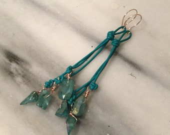 Teal Quartz Points and  Leather Chandeliers   Boho Earrings  Bohemian Jewelry   Leather Earrings   Quartz Dangles  Shoulder Dusters