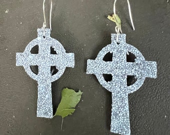 Grey Glitter on Leather  Celtic Cross Cutout Genuine Leather  Earrings  Christian Christmas Gift  Gift for Her  Stocking Stuffer  Gothic