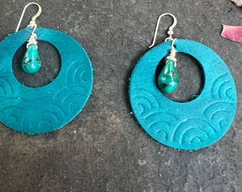 Southwestern Turquoise Embossed Leather Cut out Earrings with Sterling Silver Wire Wrapped Turquoise Teardrop Dangle Earrings