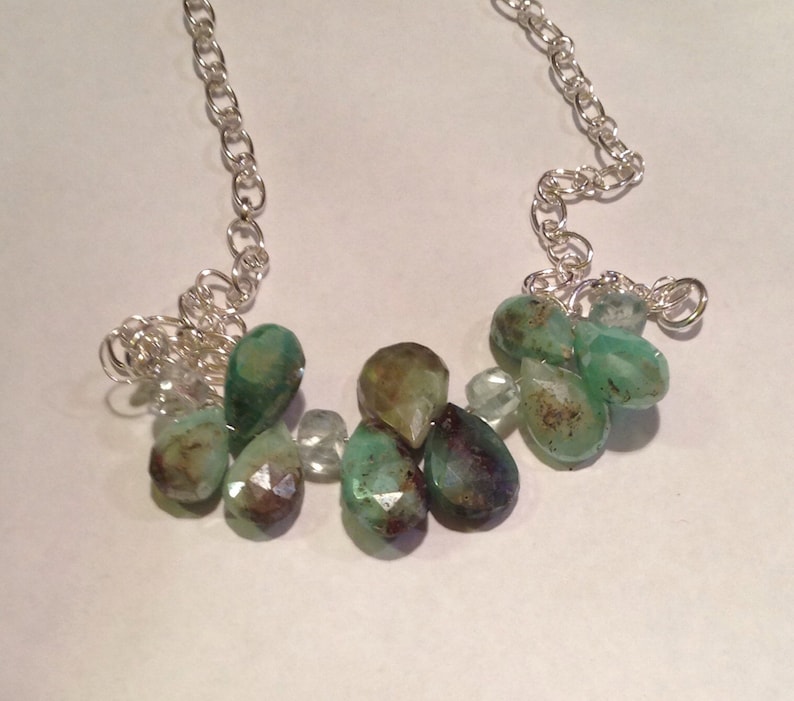 Chocolate Mint Mystic Chrysoprase and Florite Sterling Silver Chain Necklace Teardrop Briolette Bar Necklace orig 110 dollars now 88 sale