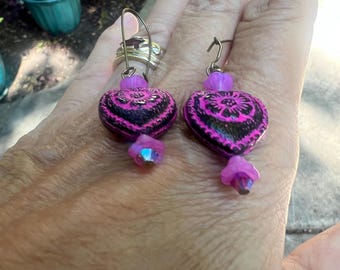 Gothic Cherry and Pink Victorian Heart Dangle Earrings: Czech Glass Flower, Swarovski Crystal