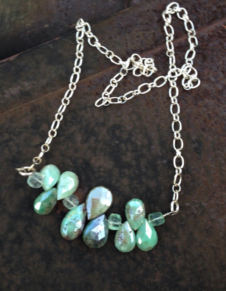Chocolate Mint Mystic Chrysoprase and Florite Sterling Silver Chain Necklace Teardrop Briolette Bar Necklace orig 110 dollars now 88 sale