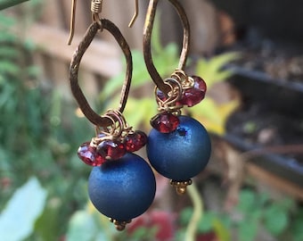 Sale Blue Drusy, Garnets  and Bali Gold Vermeil  Dangle Earrings Sundance Style Earrings    Garnet January Birthstone orig 62 dollars now 42