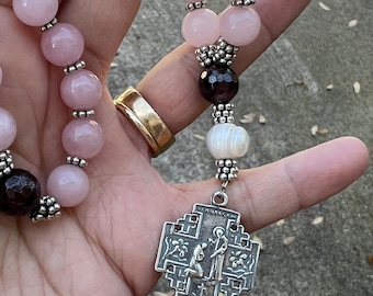 Madagascar Rose Quartz, Garnets, Pearl and Sterling Silver Cross Anglican Rosary  Protestant Prayer Beads  Episcopal Rosary  Heirloom Rosary