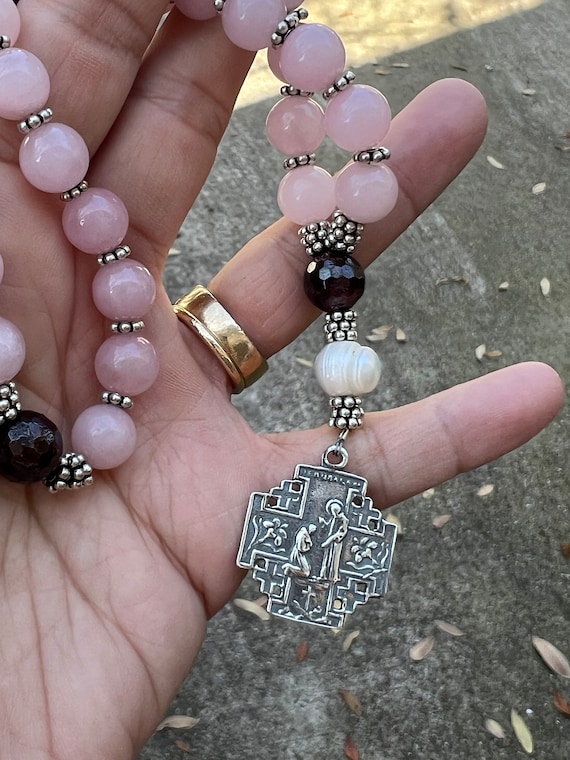 Madagascar Rose Quartz, Garnets, Pearl and Sterling Silver Cross