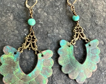 Handpainted Embossed Veg Tan Leather  V Shaped Scalloped Earrings with Turquoise and antiqued Brass filigree with latch back ear wire