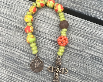 Red and Green Ghana Krobos and Sandalwood Bead Dove Paraclete Medal and Antiqued Bronze Ethiopian Cross Episcopal Chaplet Anglican Chaplet